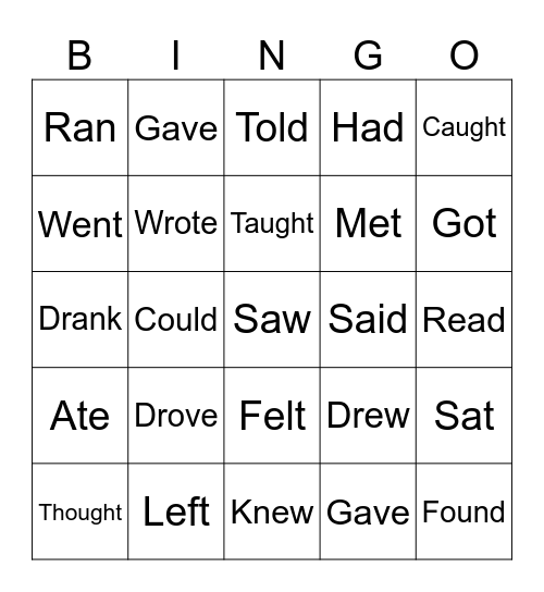 Irregular Verbs Bingo Card