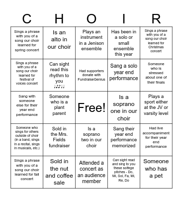 Jenison Choirs Bingo Card