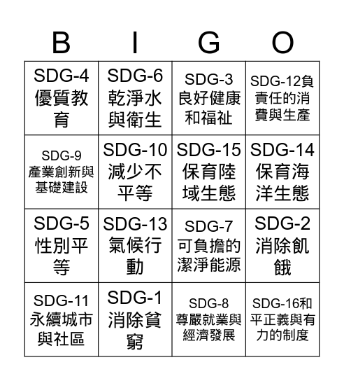 SDGs Bingo Card
