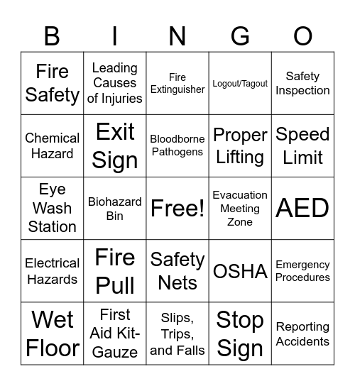 Safety Week Bingo Card