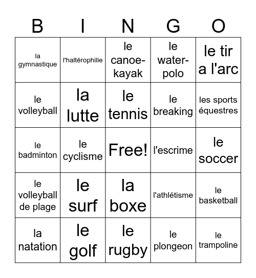 Les Jeux Olympiques Bingo Card