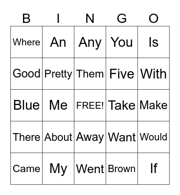 Sight Words Bingo Card