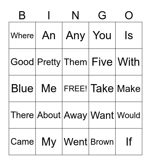 Sight Words Bingo Card