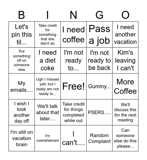 Excuses Bingo Card