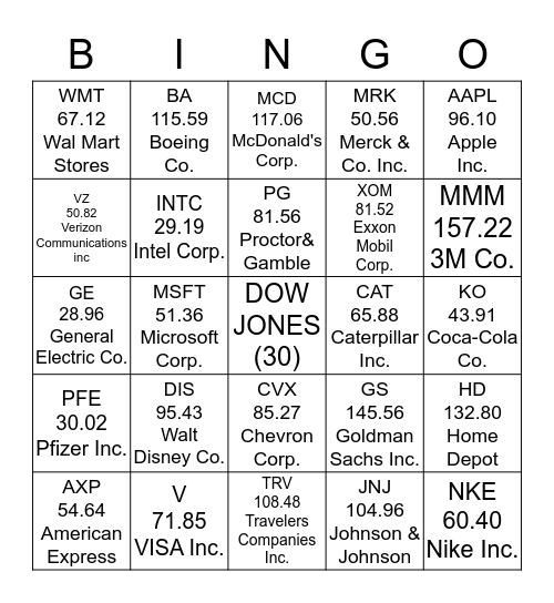 KIDS IN BUSINESS Teaches Dow Jones Companies (30) Bingo Card