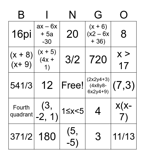 Math Bingo Card