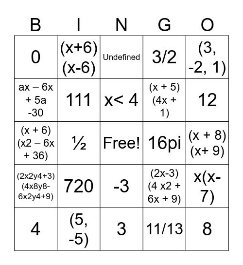 Math Bingo Card