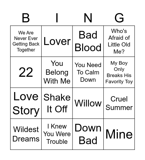 Taylor Swift musikbanko Bingo Card