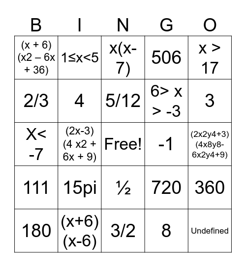 Math Bingo Card