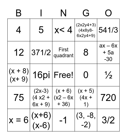 Math Bingo Card