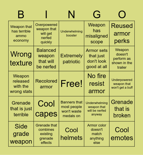 Helldivers 2 Warbond Bingo Card