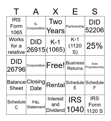Tax Return Bingo Card