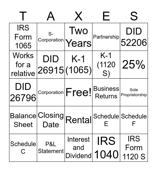 Tax Return Bingo Card