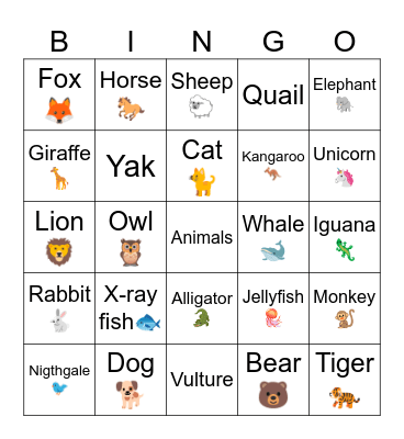 ABC Animals Bingo Card
