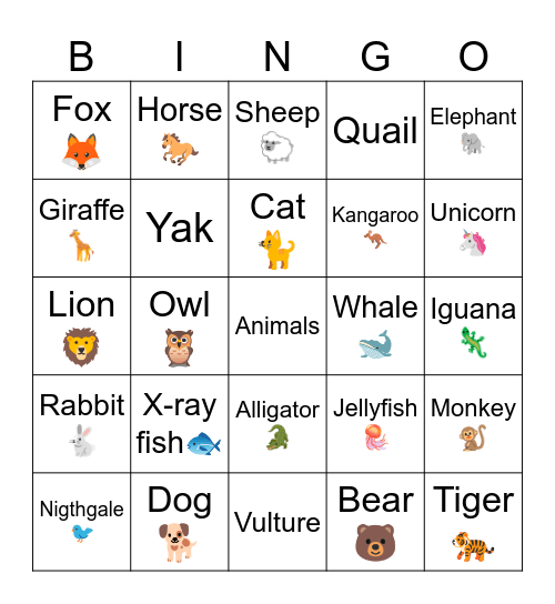 ABC Animals Bingo Card