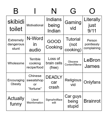 Instagram reels Bingo Card