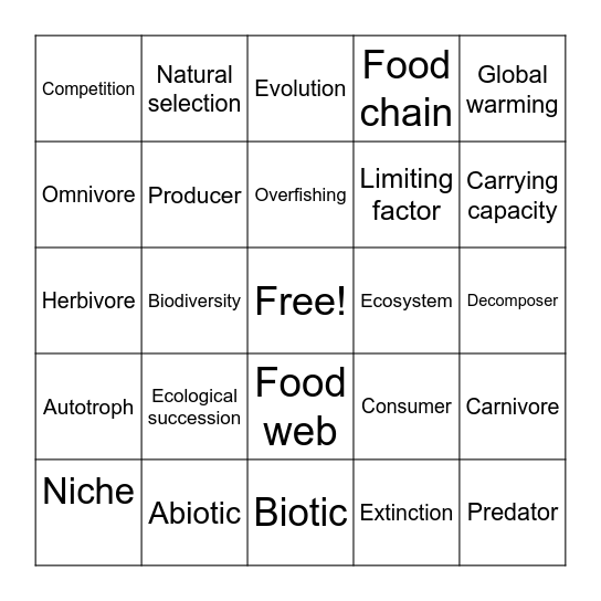 Ecology Bingo Card