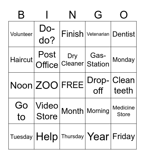 Errands Bingo Card