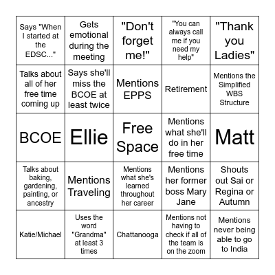 Aimee's Retirement Party Bingo Card