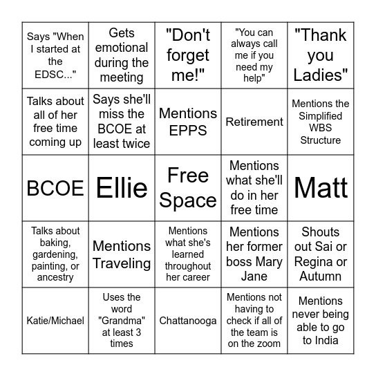 Aimee's Retirement Party Bingo Card