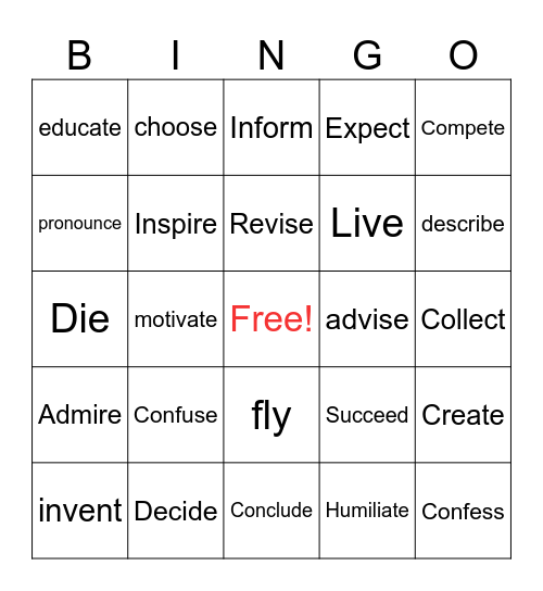 Verb to Noun Formation Bingo Card
