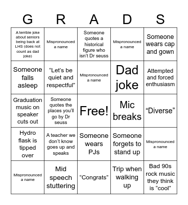 Grad rehearsal Bingo Card