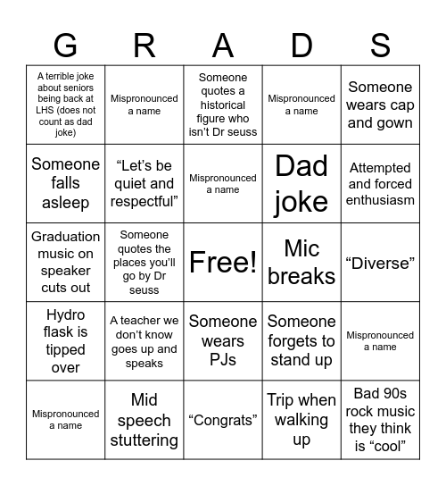 Grad rehearsal Bingo Card