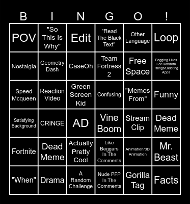 YouTube Shorts Bingo Card