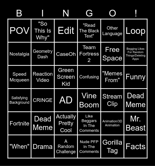 YouTube Shorts Bingo Card