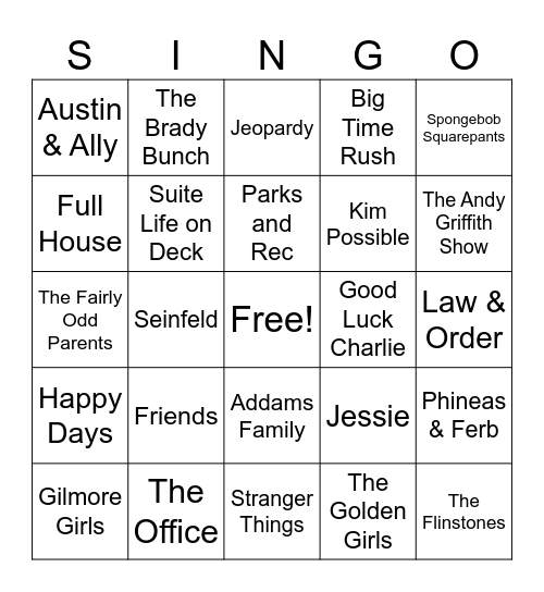 TV Theme Songs Bingo Card