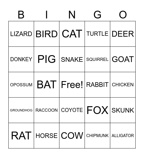 WILDLIFE/FARM ANIMAL CALL Bingo Card