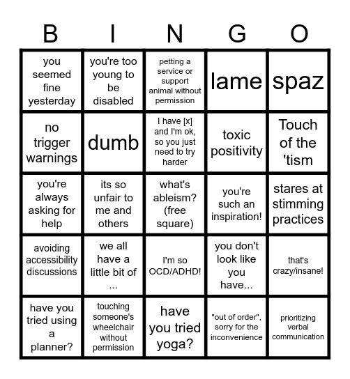 Ableism Bingo Card