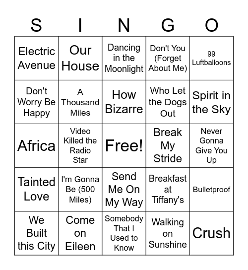 One Hit Wonders Bingo Card