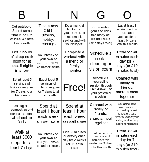 June Wellness Bingo Card