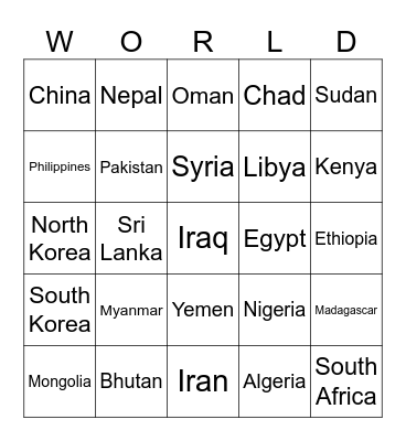 Countries Bingo Card