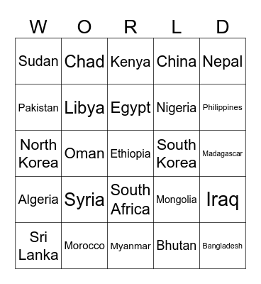 Countries Bingo Card