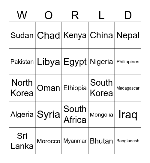 Countries Bingo Card