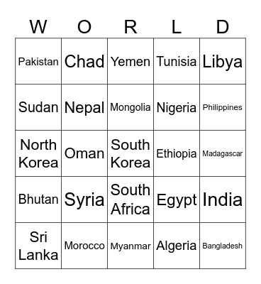 Countries Bingo Card