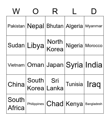 Countries Bingo Card