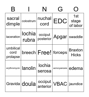 Reproductive Bingo Card