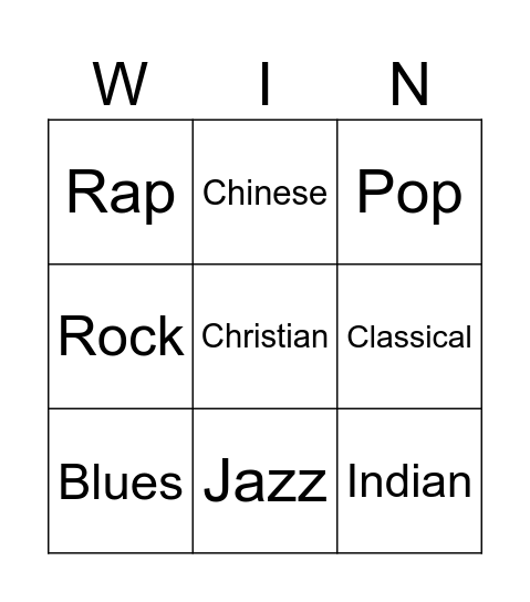 Music Genres Bingo Card