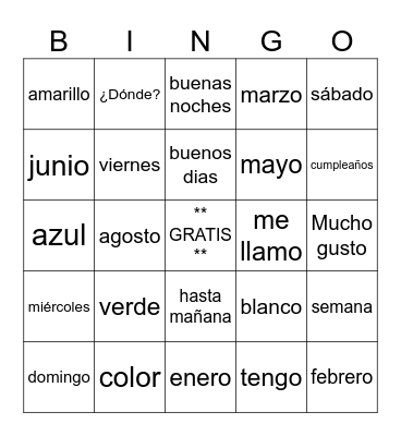 Grade 6 Spanish Bingo Card