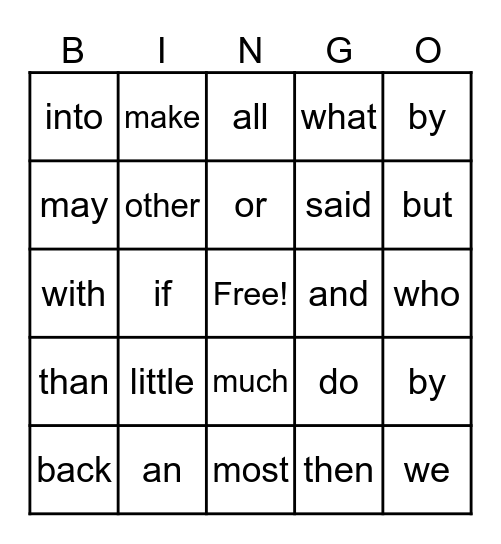 109 Power Words Bingo Card