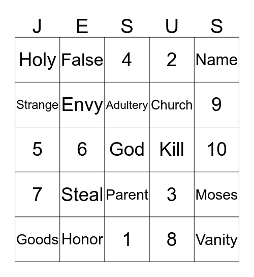 10 Commandments Bingo Card