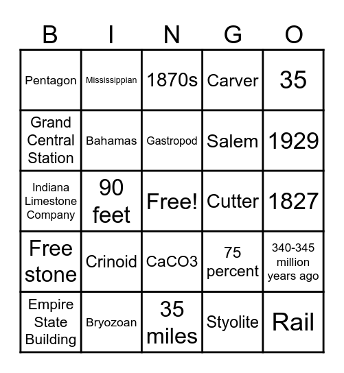 Limestone Bingo Card