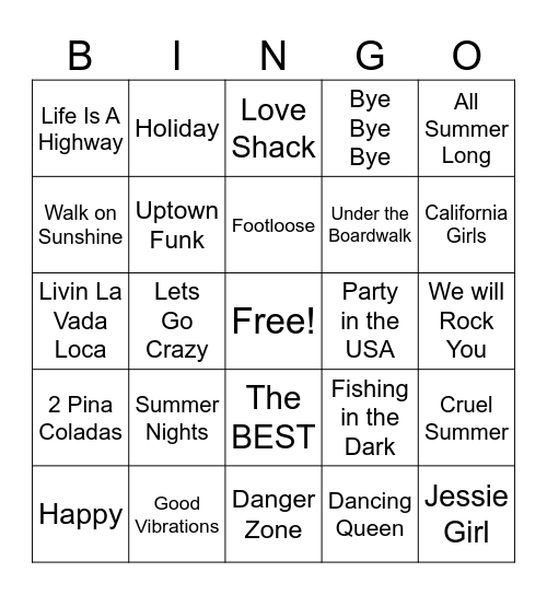 Summer Music Bingo Card