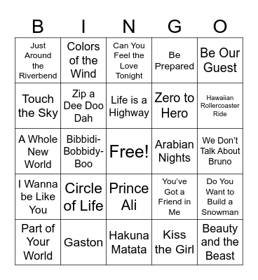 Disney Music Bingo Card