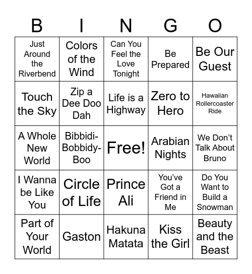 Disney Music Bingo Card