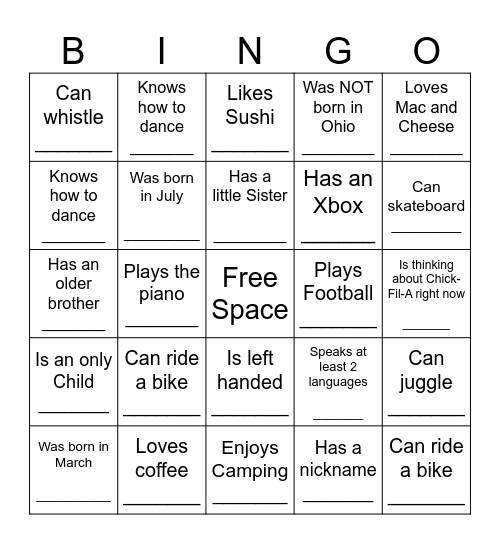 YOUTH HUMAN BINGO Card