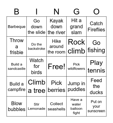 Summer Time Bingo Card